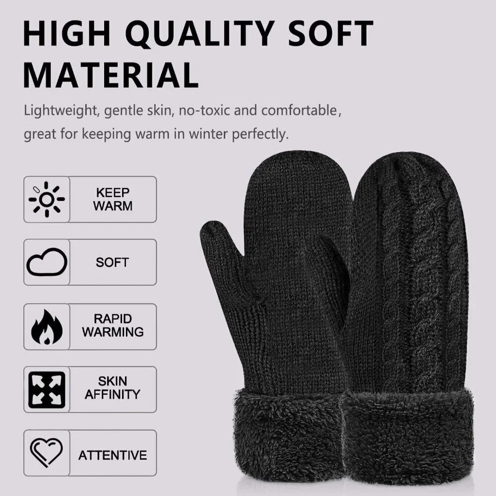 Women's Black Dark Gray Winter Warm Imported Fleece Lining Wool Knit Thick Glove